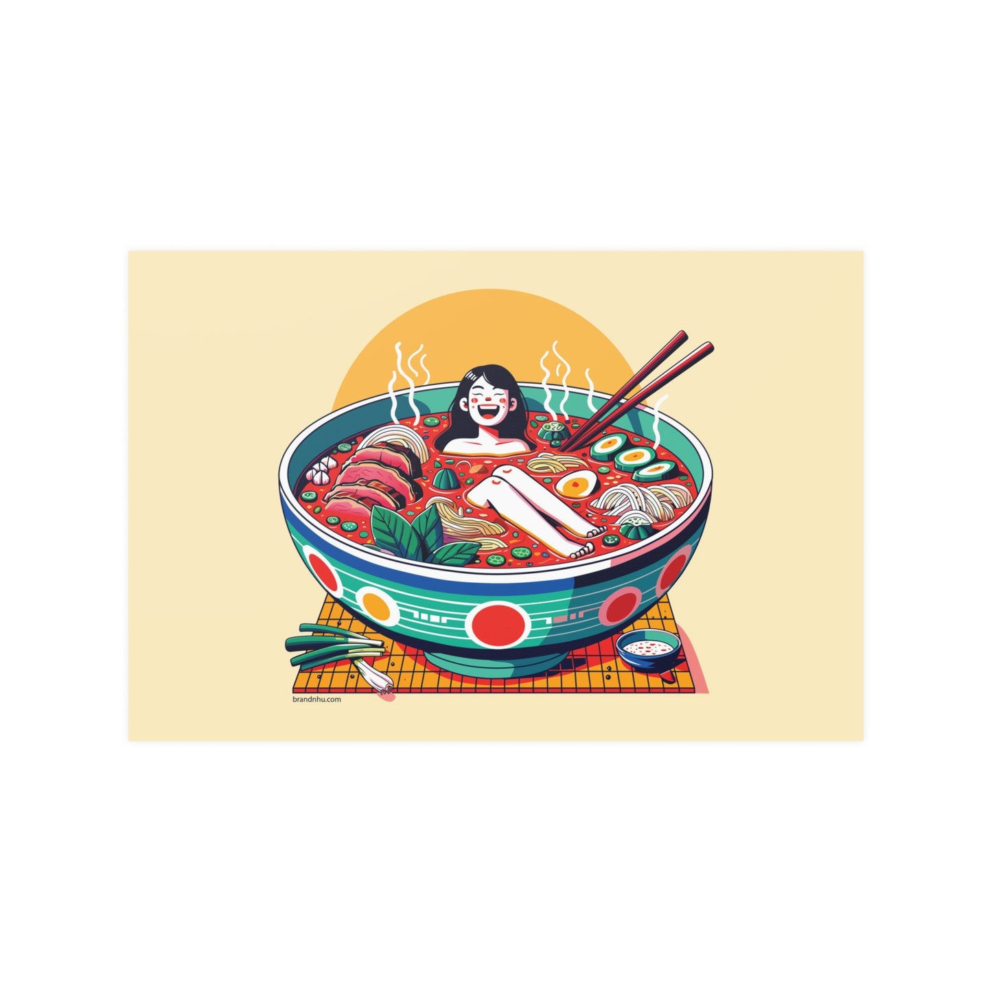 Girl Bathing in Bun Bo Hue Vietnamese Asian Noodle Soup Bowl Satin Posters (210gsm)