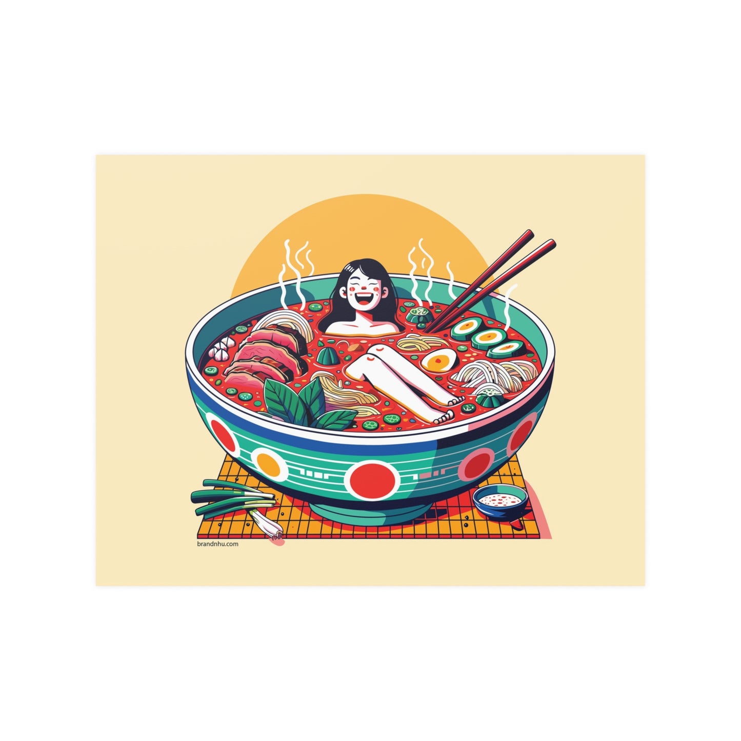 Girl Bathing in Bun Bo Hue Vietnamese Asian Noodle Soup Bowl Satin Posters (210gsm)
