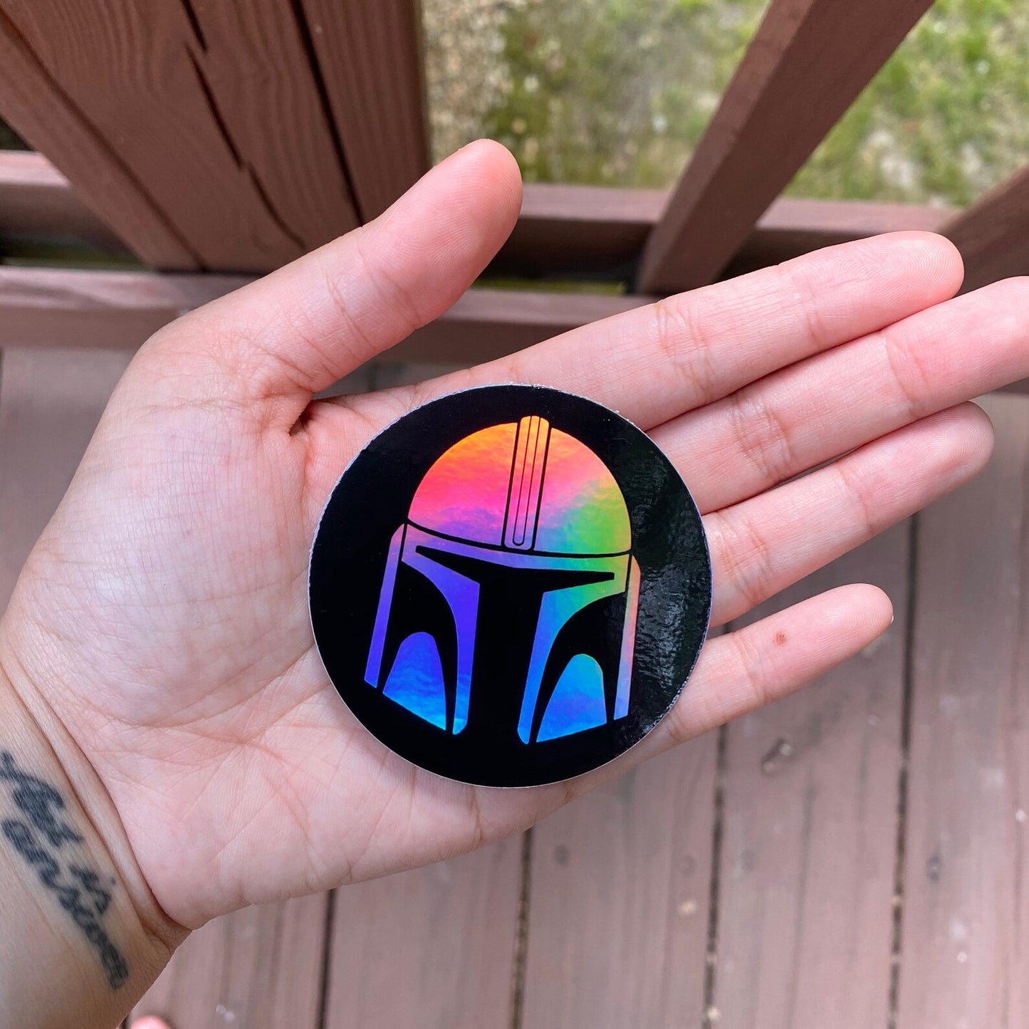 Holographic Mandalorian Helmet Round Star Wars Sticker