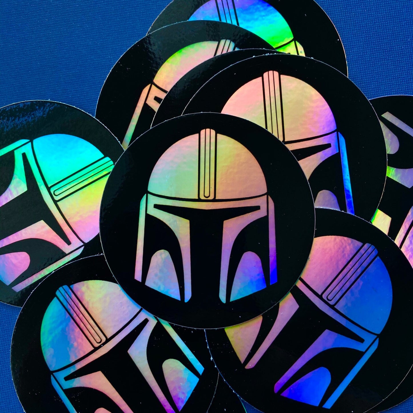 Holographic Mandalorian Helmet Round Star Wars Sticker