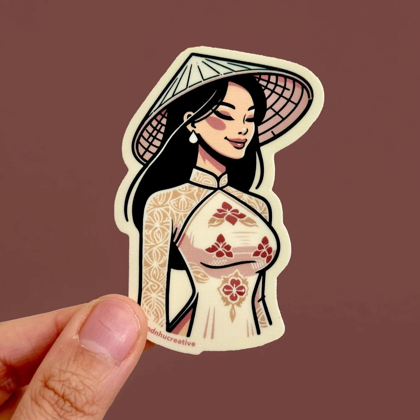 Vietnamese Young Woman in Traditional Ao Dai and Nón lá Sticker