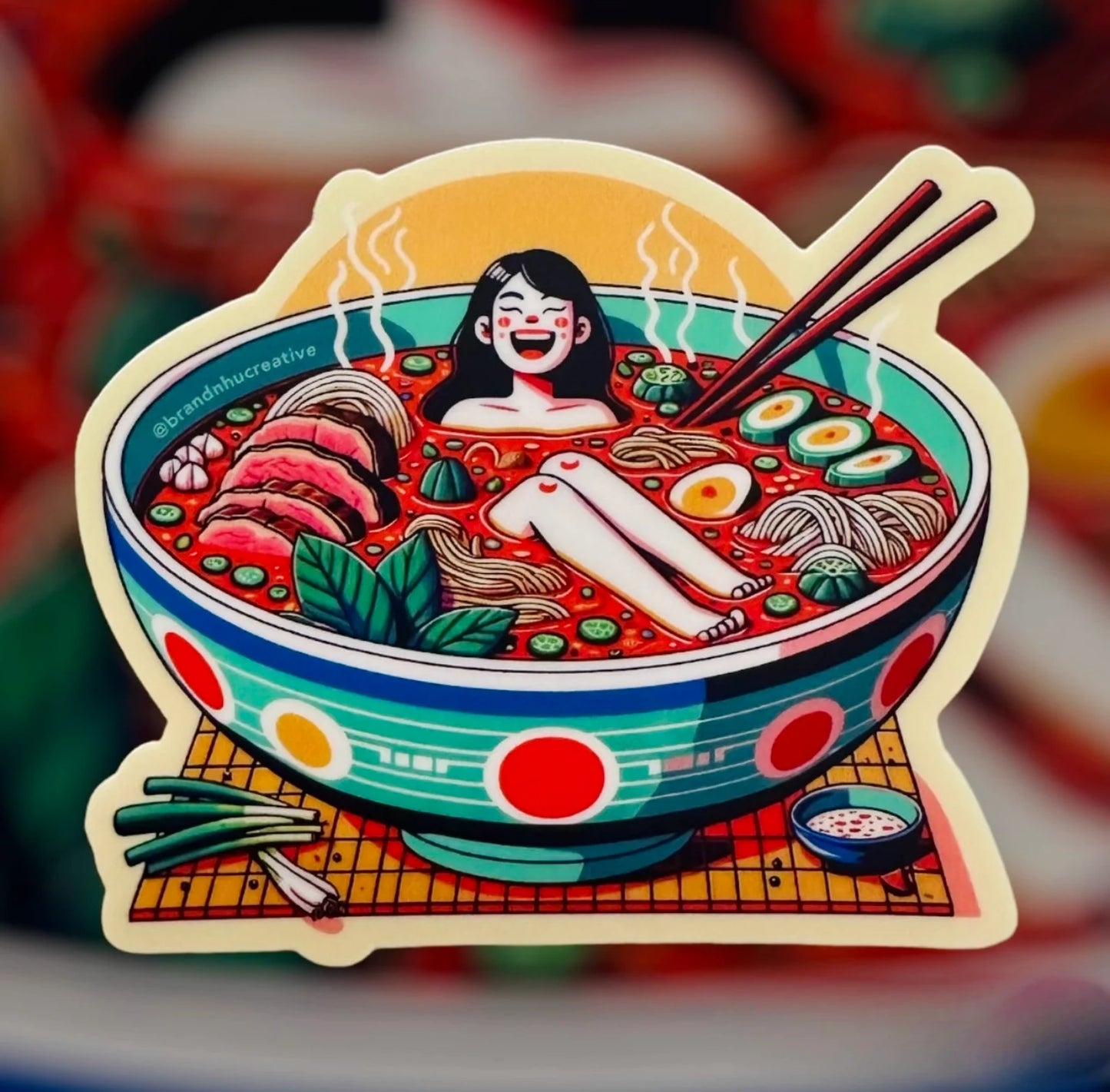 Girl Bathing in Bun Bo Hue Vietnamese Asian Noodle Soup Bowl Sticker