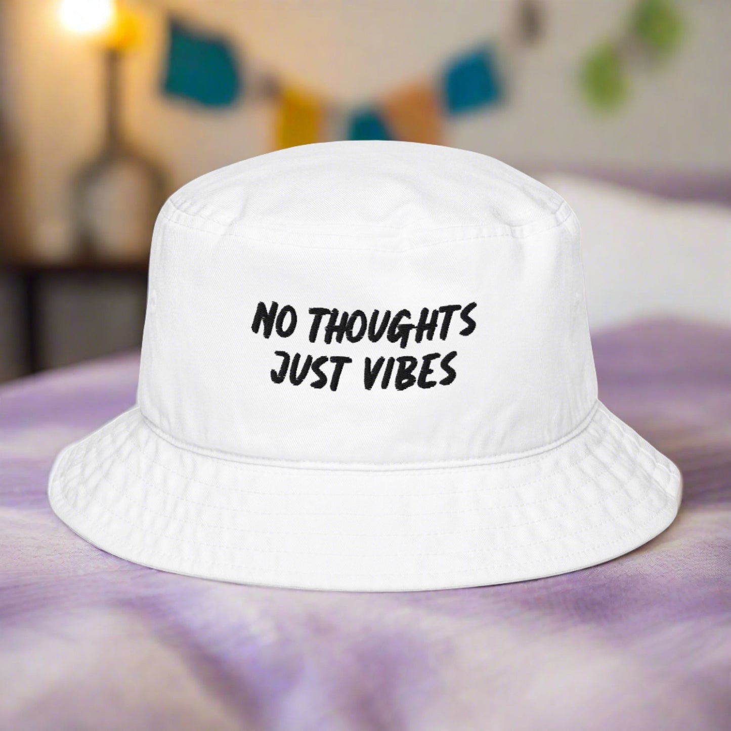 No Thoughts, Just Vibes White Organic bucket hat