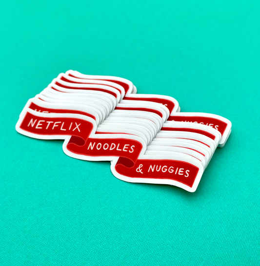 Netflix, Noodles, and Nuggies Red Banner Sticker