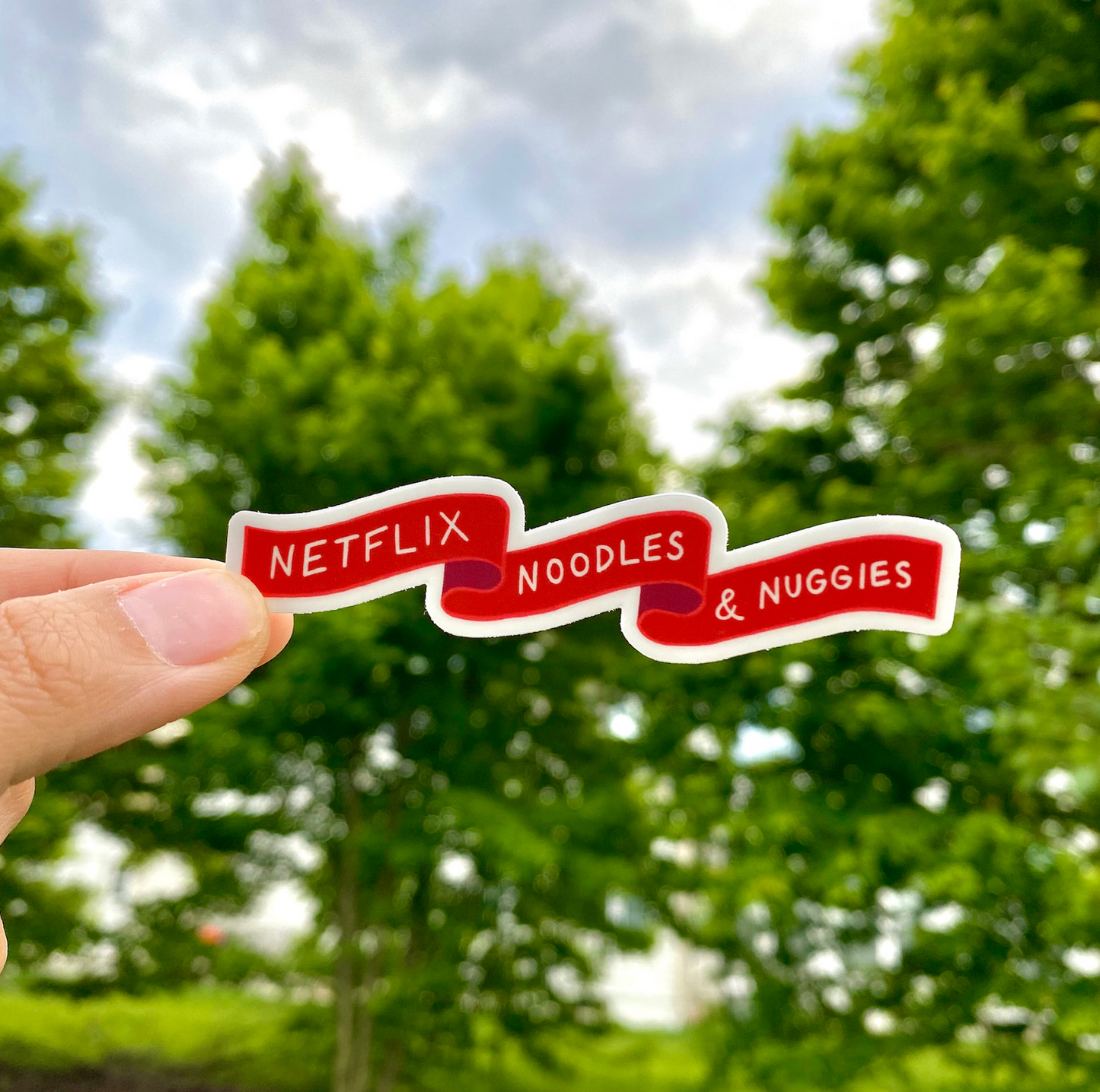 Netflix, Noodles, and Nuggies Red Banner Sticker