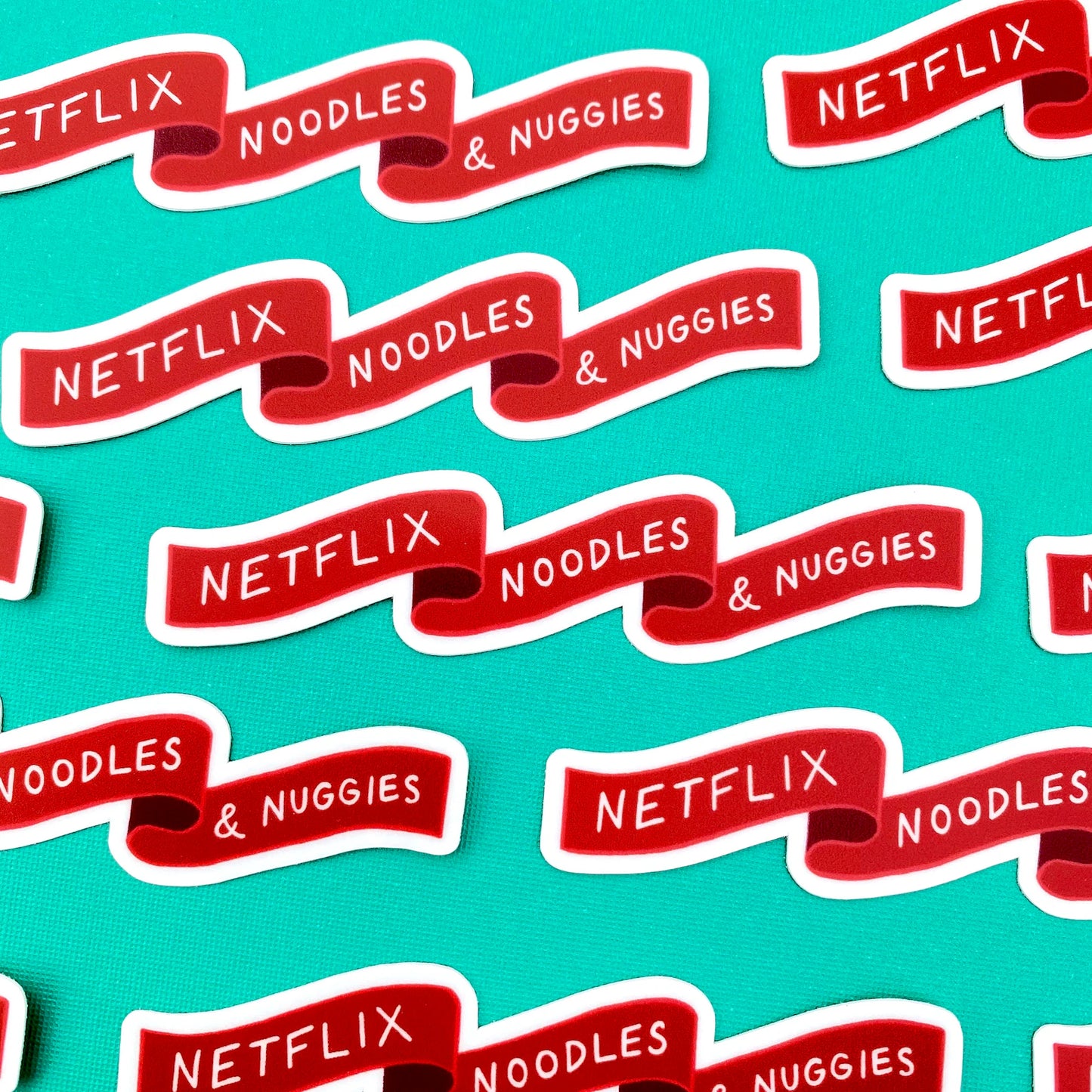 Netflix, Noodles, and Nuggies Red Banner Sticker