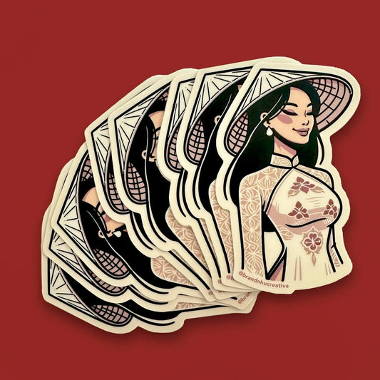 Vietnamese Young Woman in Traditional Ao Dai and Nón lá Sticker